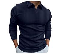Polo da uomo a maniche lunghe in maglia a costine, con colletto, camicia da golf, casual, classica, slim fit, pullover da lavoro, Polo a maniche lunghe blu navy per uomo, XL