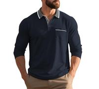 Polo da uomo a maniche lunghe, leggera, a maniche lunghe, con tasca, classica, traspirante, da uomo, estiva, con bottoni, per uomo, casual, sport, basic, vestibilità normale, da golf, polo, Blu marino