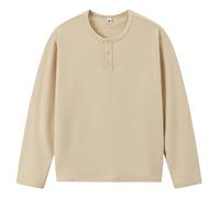 Polo da uomo a maniche lunghe, maglietta Henley in tinta unita, elasticizzata, vestibilità stretta, traspirante, per il tempo libero, per il lavoro, beige., M
