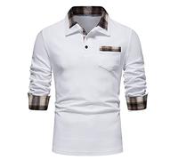 Polo da uomo a maniche lunghe, motivo scozzese, con bottoni, vestibilità aderente, con colletto a blocchi di colore, casual, alla moda, Bianco Manica Lunga Polo Per Uomo, S