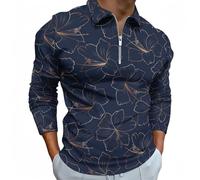 Polo da uomo a maniche lunghe - Rame dorato brillante contorno fiore di giglio da uomo magliette da golf autunnali casual con cerniera, Stile 9, L