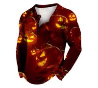 Polo da uomo a maniche lunghe T-shirt da uomo stampata a maniche lunghe con scollo a V Halloween casual confortevole moda bavero con bottoni allentati camicia con stampa completa per lavoro, lavoro