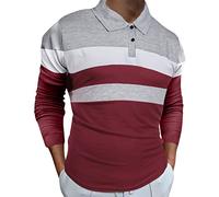 Polo da uomo a maniche lunghe, tinta unita, casual, patchwork, con bottoni, colletto rovesciato, camicetta a maniche lunghe, per lavoro, vacanze, passeggiate all'aperto, Rosso, L