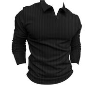 Polo da uomo a maniche lunghe, tinta unita, con scollo a V, magliette casual slim fit pullover top texture camicette, Polo a maniche lunghe nere per uomo, XL