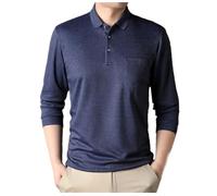 Polo da uomo a maniche lunghe tinta unita morbida con bottoni tasche magliette casual top, Blu, M