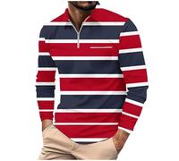Polo da uomo a maniche lunghe Top da uomo primavera e autunno casual business stampa moda manica lunga risvolto tasca con cerniera camicia sportiva per lavoro vacanze all'aperto passeggiate, Rosso, S