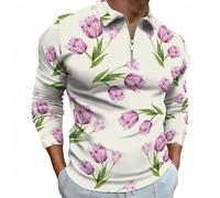 Polo da uomo a maniche lunghe - Tulipani Fiori Foglie Verdi Magliette da golf autunnali casual con zip, stile 29, L