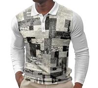 Polo da uomo a maniche lunghe, vintage, effetto invecchiato, stile retrò, con bottoni, vestibilità aderente, camicetta casual, Bianco Manica Lunga Polo Per Uomo, M