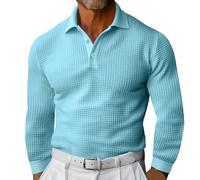 Polo da uomo a nido d'ape Camicia a maniche lunghe Business Golf Summer Top Tshirt tinta unita Casual Button Up Stand Collar Polo da uomo Slim Fit T-shirt vestiti primaverili, Azzurro, L