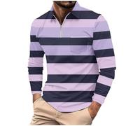 Polo da uomo a righe a maniche lunghe, casual, con cerniera a un quarto, camicia da golf slim fit estate autunno bottone risvolto pullover Tees, Z01-rosa, S