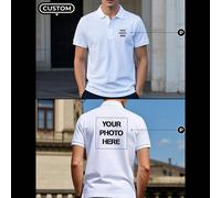 Polo da uomo bianche personalizzate. Aggiungi disegni sia sul davanti che sul retro. Aggiungi le tue foto (paesaggi/stemmi/foto di coppia/foto di famiglia/selfie/animali domestici, ecc.). Regali, abbi