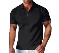 Polo da uomo con cerniera a un quarto a costine, maglietta da golf estiva a maniche corte pullover top casual 1/4 zip colletto tees, Camicie polo nere per uomo, S