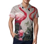 Polo da uomo con fenicottero e uccelli sullo sfondo, vestibilità regolare, leggera a maniche corte, polo hawaiana per spiaggia, Stile:, M