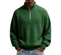 Polo da uomo con risvolto Waffles 2026/Inverno Pullover da uomo in tinta unita con cerniera Camicia a maniche lunghe in maglia allentata Henley camicetta per uomo 2026 Golf Tee, Verde scuro, 5XL