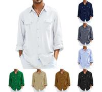 Polo da uomo con tasca sul petto Camicie da uomo in lino a maniche lunghe vestibilità regolare camicia leggera con bottoni camicie da spiaggia top per vacanze top con colletto alla nonna T-shirt