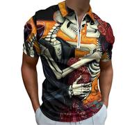 Polo da uomo con teschio del giorno dei morti scheletro da matrimonio con cerniera a quarto e colletto a maniche corte maglietta da golf slim fit, Stile:, 5XL