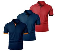 Polo da uomo, confezione da 3 magliette da golf a maniche corte, traspirante, abbigliamento da lavoro con bottoni, magliette estive slim, Blu scuro+blu+rosso, M