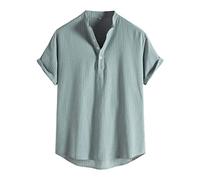 Polo da uomo in cotone e lino, leggera a maniche corte, vestibilità regolare, colletto rovesciato, camicie casual estive da spiaggia Henley, polo traspirante e confortevole, tinta unita., Verde, XL