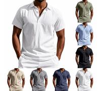 Polo da uomo in cotone e lino, maglietta estiva a maniche corte, con colletto e bottoni, camicia da lavoro casual, Nero-Polo Uomo, XXL