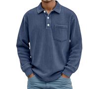Polo da uomo per il tempo libero, a maniche lunghe, a corda, invernale, classica, Henley, con colletto rovesciato, felpa con bottoni e tasche, camicia da lavoro, a maniche lunghe, tinta unita, O blu2