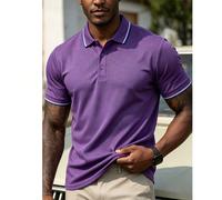 Polo da uomo viola a maniche corte con colletto a contrasto blu e bianco, top casual sportivo per golf, uso quotidiano e attività all'aperto L,M,S,XL,XS,XXLBlocchi di colore,LettereTessuto in maglia