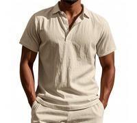 Polo in Lino da Uomo in Cotone a Maniche Corte Top Estivo Casual da Spiaggia Maglietta alla Moda Button Down Camicia Grande e Alta