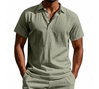 Polo in Lino da Uomo in Cotone a Maniche Corte Top Estivo Casual da Spiaggia Maglietta alla Moda Button Down Camicia Grande e Alta, Polo De Hombre Verde, 3XL