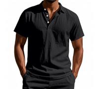 Polo in Lino da Uomo in Cotone a Maniche Corte Top Estivo Casual da Spiaggia Maglietta alla Moda Button Down Camicia Grande e Alta, Polo De Hombre Nera, M