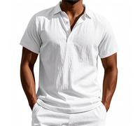 Polo in Lino da Uomo in Cotone a Maniche Corte Top Estivo Casual da Spiaggia Maglietta alla Moda Button Down Camicia Grande e Alta, Polo De Hombre Bianca, XL