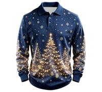 Polo natalizia da uomo, a maniche lunghe, con colletto | Tessuto a maglia a nido d'ape, morbido e traspirante, abbigliamento casual per feste, pub, abbigliamento festivo invernale