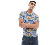 Polo Ralph Lauren - Camicia vestibilità classica a maniche corte multicolore in rayon con stampa di paesaggio ispirata al surf e rever XL