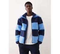 Polo Ralph Lauren - Giacca in pile borg blu chiaro e blu a righe color block con logo e chiusura con zip M