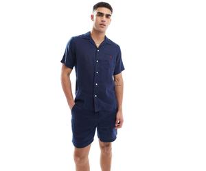 Polo Ralph Lauren - Icon - Camicia a maniche corte classica oversize blu navy in lino con rever e logo in coordinato L