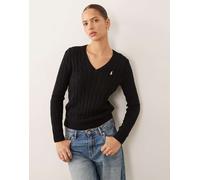 Polo Ralph Lauren - Kimberly - Maglione stile polo in cotone a trecce nero con logo e scollo a V L
