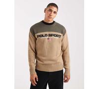 Polo Ralph Lauren - Maglione colorblock sportivo beige/verde in cotone pesante con logo e bandiera-Neutro S