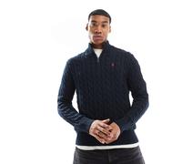 Polo Ralph Lauren - Maglione lavorato a trecce in cotone blu navy con zip corta e logo L