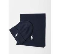 Polo Ralph Lauren - Set berretto e sciarpa in maglia di cotone con logo a icona blu navy mélange One Size