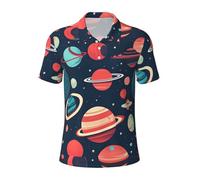 Polo traspirante con stampa di pianeti dello spazio esterno da uomo elegante a maniche corte casual gite regali per la festa del papà, Nero , L