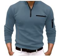 Polo Uomo, Camicia da Uomo con Cerniera A Un Quarto per Il Lavoro da Indossare Tutti I Giorni A Maniche Lunghe alla Moda Comoda Tinta Unita con Tasche vestibilità Regolare (Blu S)