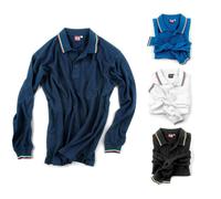 POLO UOMO MAGLIA TRICOLORE ITALIA 100% COTONE MANICHE LUNGHE NERO BLU ROYAL