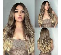 POLOSU Long Wavy Ombre Ash Brown to Blond Wig for Women, 26'' Natural Curly Wigs Middle Part Synthetic Heat Resistant Hair Daily Halloween Party Cosplay