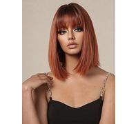 POLOSU Parrucche Corte Lisce Bob Ombre Rosso Ramato con Frangetta per Donna, Parrucca Radici Scure da 14'' Capelli Resistenti al Calore per Cosplay Festa Quotidiana