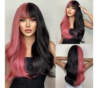 POLOSU Parrucche Lunghe Ondulate metà Rosa metà Nere con Frangia per Donna, Parrucca Sintetica con Capelli Ricci Naturali da 24 Pollici per la Festa Cosplay di Halloween