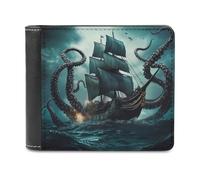 Polpo Mostro Pirati Nave Uomo Bifold Portafoglio Slim Cash Card Holder Borsa in Pelle
