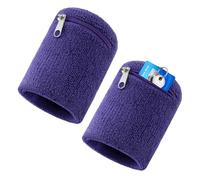 Polsini Sportivi 2 Pezzi con Tasca Cerniera in Cotone, Pratici Braccialetti Assorbenti il Sudore per Corsa, Fitness, Calcio, Basket e Tennis, Viola