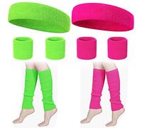 Polsini Tennis anni 80 Neon Sweatband Set 80s 6 Pezzi e 4 pezzi Maniche Scaldamuscoli Color Neon Retro Party Accessori Per Donna Uomo 2 Colori Rosa Verde Accessori Fitness