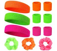 Polsini Tennis anni 80 Neon Sweatband Set 80s 9 Pezzi e 3 Elastici Per Capelli Per Intestino Crasso Color Neon Retro Party Accessori Per Donna Uomo 3 Colori Rosa Verde Arancione Accessori Fitness