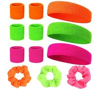 Polsini Tennis anni 80 Neon Sweatband Set 80s 9 Pezzi e 3 Elastici Per Capelli Per Intestino Crasso Color Neon Retro Party Accessori Per Donna Uomo 3 Colori Rosa Verde Arancione Accessori Fitness