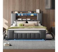 Polsterbett 140 * 200 cm, Multifunktionsbett mit LED-Licht, mit USB-Steckdose, mit Schubladen, ohne Matratze, Bettgestell aus massivem Eisen, Jugendbett, Erwachsenenbett, Doppelbett, Kunstleder, Grau