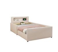 Polsterbett Kinderbett, Mit Nachtlicht und USB-Ladeanschluss, Mit Ablagefächern, Erhöhte Seitenteile zur Sicherheit, Einfaches Einzelbett, Jungen- und Mädchenbett, Kunstlederstoff (Beige, 90*200 cm)